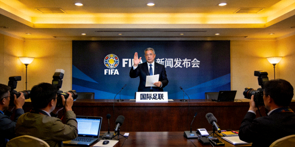 国际足联新闻发布会现场，官员正在宣布重要公告
